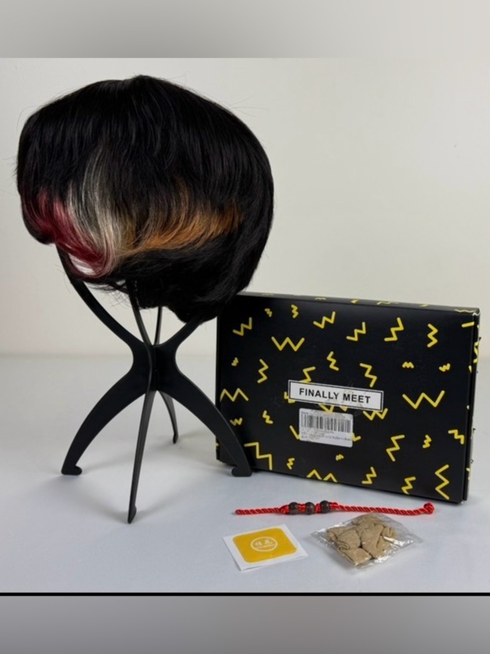 Short Pixie Cut Wig Black Red Blonde Highlights Side Bangs Synthetic Wig